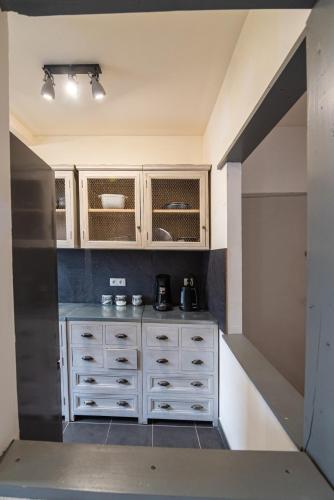 - une cuisine avec des armoires et des tiroirs blancs dans l'établissement Standing apartment with terrace for 6 people - LE MAZAGRAN - appartement 2, à Saint-Paul-Trois-Châteaux