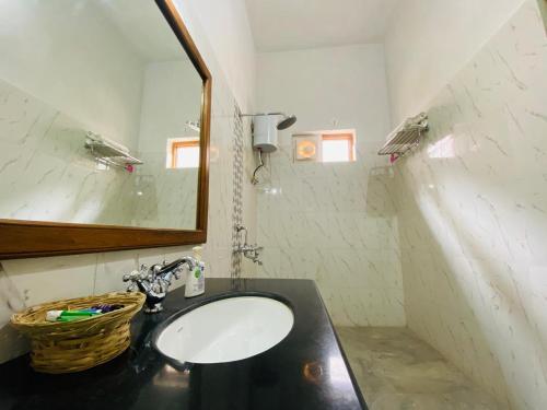 a bathroom with a sink and a mirror at Haveli Gokul Niwas, Talawada Near Sitamata SAnctuary, Chittorgarh. in Lunda