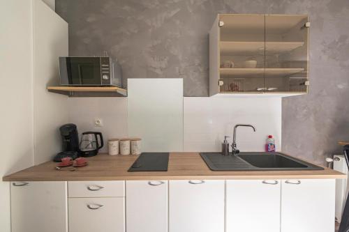 a kitchen with a sink and a microwave at Le Patio Champenois in Reims