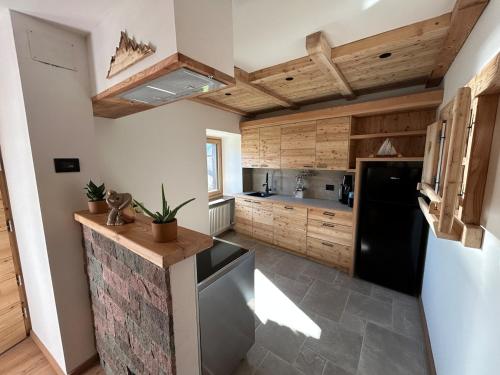 a kitchen with wooden cabinets and a black refrigerator at La Casa del Zio Bepi in Bedollo