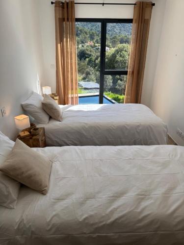 deux lits dans une chambre avec une grande fenêtre dans l'établissement VILLA PROCHE VENTOUX et VAISON LA ROMAINE avec piscine privée, à Mollans-sur-Ouvèze