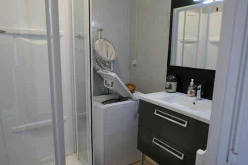 une salle de bain avec un lavabo et une machine à laver dans l'établissement Studio à saint gilles croix de vie 4 personnes, à Saint-Gilles-Croix-de-Vie