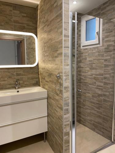 une salle de bain avec une douche, un lavabo et un miroir dans l'établissement Vacances pieds dans l eau, à Casaglione