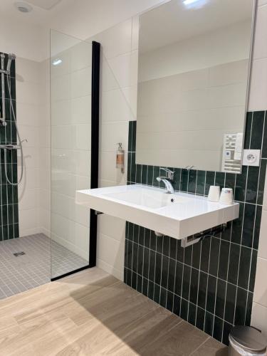 a bathroom with a sink and a shower at Hôtel du Commerce-restaurant au Couteau in Nogent