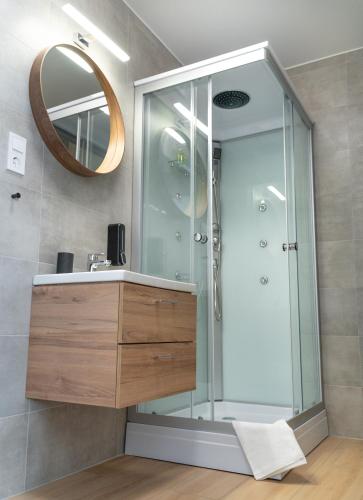 a bathroom with a shower with a sink and a mirror at REMZ Apartments & Wellness in Dorog