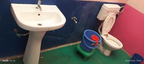 a bathroom with a sink and a toilet at Pangong Destination in Spangmik