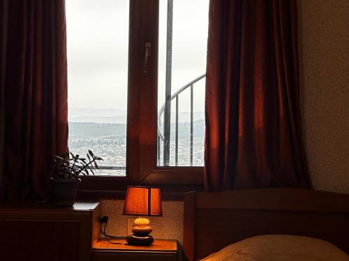 a bedroom with a window with a bed and a lamp at Avtandili's Apartments in Pʼonichala