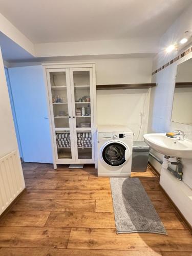 une machine à laver dans une salle de bain avec un lavabo dans l'établissement Charmant appartement cosy proche des plages, à Fréjus