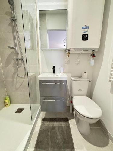 une petite salle de bain avec toilettes et douche dans l'établissement Studio l'Evasion - Clim - Valence, à Valence