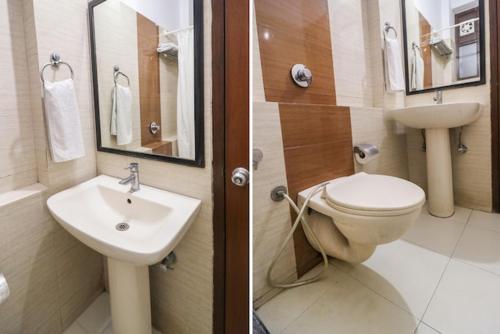 Dos imágenes de un baño con inodoro y lavabo. en Hotel Himgiri, en Sohāna