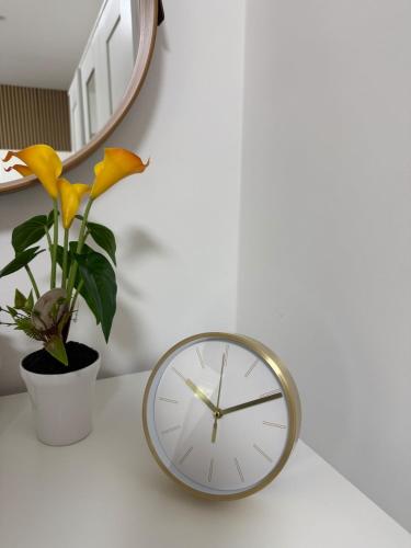 a clock on a table with a plant and a mirror at Mahesars Home in Gevelsberg