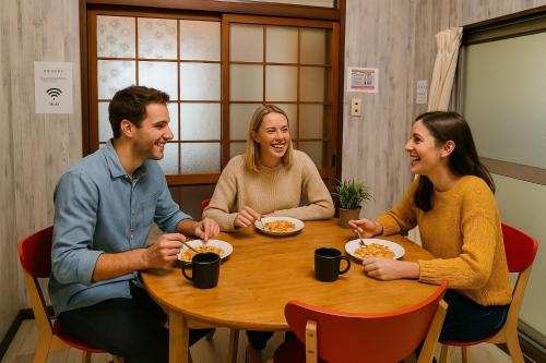 a group of people sitting around a table eating food at Haneda Artistic House in Tokyo