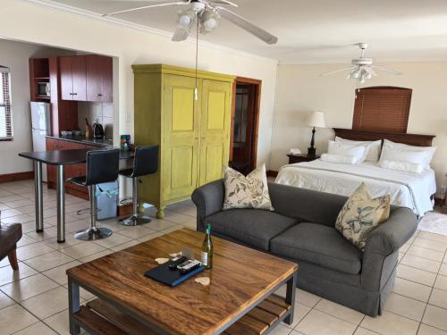 a living room with a bed and a couch and a table at Berg en Zee Guesthouse in Gordonʼs Bay
