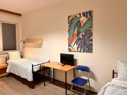 a room with a desk with a computer and a bed at Apartmans and ROOMS with PARKING Turgenevova - Olomoucka in Brno