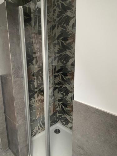 a shower with a glass door in a bathroom at Ferienhof Kröger in Bielefeld