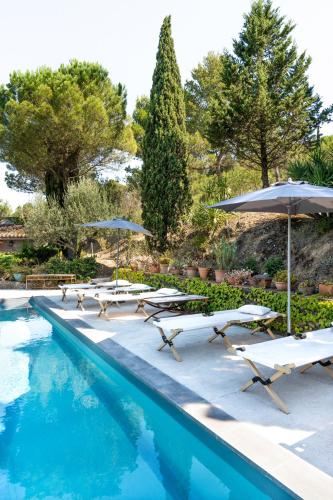 une piscine avec chaises longues et parasols dans l'établissement La Maison sur la Colline, à Carcassonne
