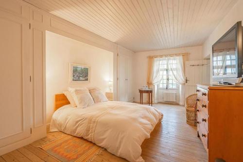 Un dormitorio con una cama y un televisor. en Chambres et table d'hôtes Maison Garesché, en Nieulle-sur-Seudre