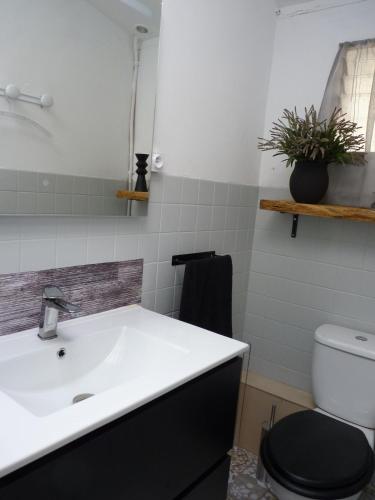 une salle de bain avec un lavabo et des toilettes dans l'établissement Villa MARGUERITE, à Lacanau