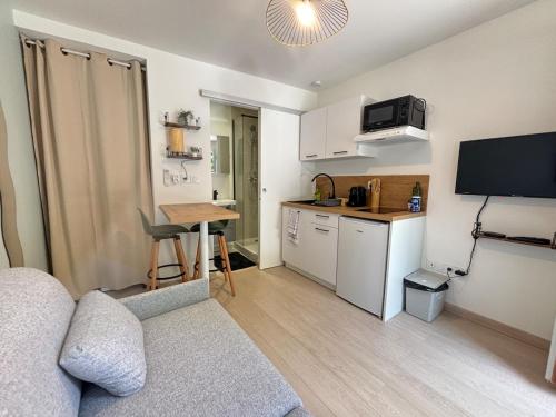 un petit appartement avec une cuisine et un salon dans l'établissement Studio l'Azur - Garage & Clim - Valence, à Valence