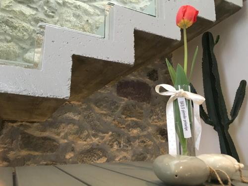 a flower in a vase next to a cross at B&B Il Piccolo Principe room and breakfast in Bieno