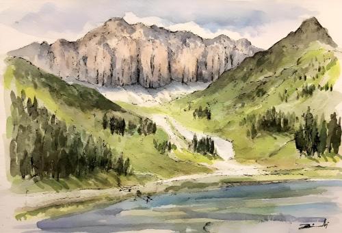 a painting of a mountain with a river at Bucherhof in Obertilliach