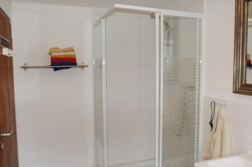 una ducha de cristal en un baño con lavabo en Maakito`s Place, en Düsseldorf