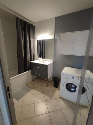La petite salle de bains est pourvue d'un lavabo et d'un lave-linge. dans l'établissement Grand T2 central, balcons sur parc, à Villeurbanne
