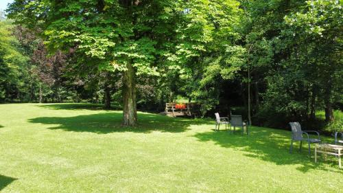 a park with chairs and a tree in the grass at Moulin de Daverdisse in Daverdisse