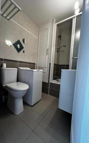 une salle de bain avec toilettes, lavabo et douche dans l'établissement Superbe studio près de la plage, à La Grande Motte