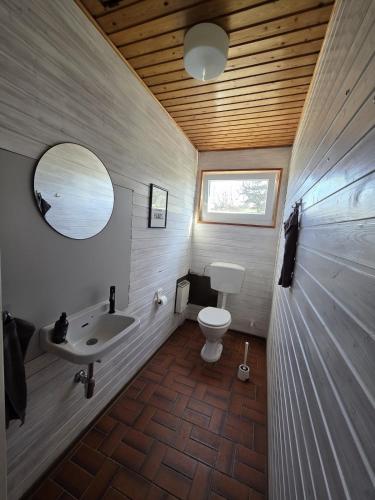 a small bathroom with a toilet and a sink at Schwarzwald Lodge OG - Perfekt für Familien und Gruppen in Calw