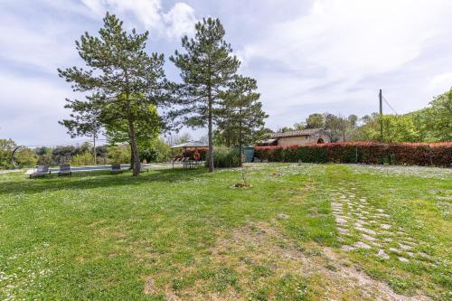 a field with two trees and a house at Podere Poggiolo in Trequanda