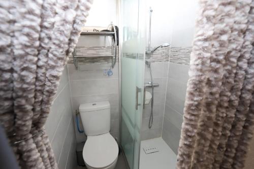 une salle de bain avec toilettes et douche en verre dans l'établissement Maison dans résidence avec piscine 3 Chambres, à Saint-Cyprien