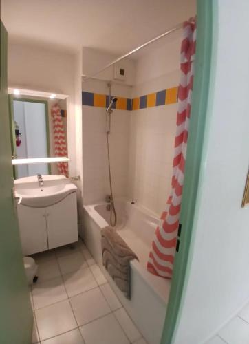 une salle de bain avec une baignoire, un lavabo et une douche dans l'établissement Bel appartement au bord du lac à Arreau, 40 m² avec piscine, à Arreau