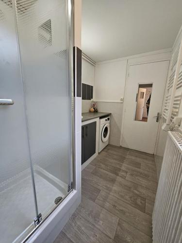 a bathroom with a shower and a washing machine at Havre de Paix - Les Sablon d'A Côté in Amiens