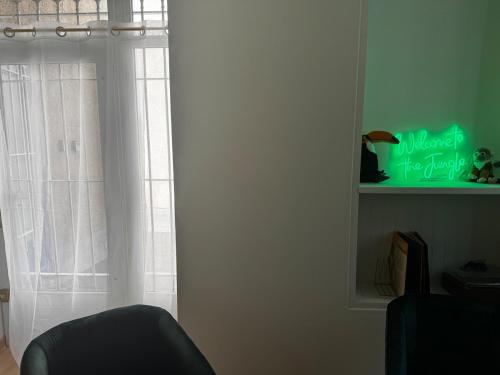 pokój z oknem, na którym widnieje napis „marsz dla osób chorych na padaczkę” w obiekcie Appartement jungle w mieście Moulins