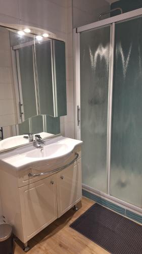 une salle de bain avec un lavabo et une douche dans l'établissement Duplex face à la gare Arcachon, à Arcachon