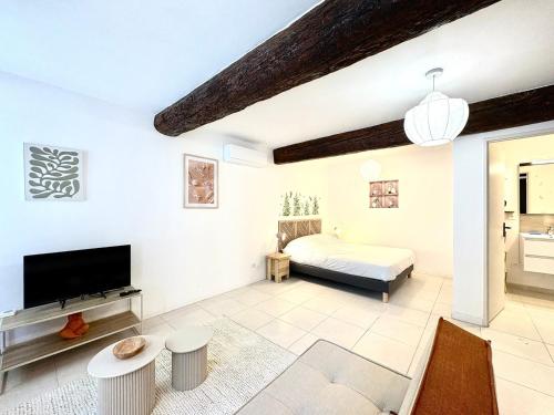 un salon avec un lit et une télévision dans l'établissement Studio Sencha, Lit 160, Clim, plein coeur de ville, à Nîmes