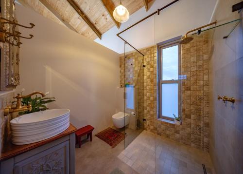 a bathroom with a sink and a toilet and a shower at fijnbosch manor at romansbaai in Gansbaai