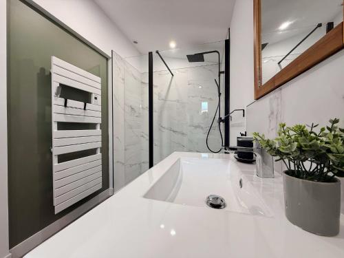 une salle de bain blanche avec un lavabo et un miroir dans l'établissement Maison avec jardin à 50m du Lac, à Ardres