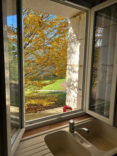 une fenêtre avec un lavabo et une vue sur un arbre dans l'établissement Maison en pierre 6 personnes, à Montaut