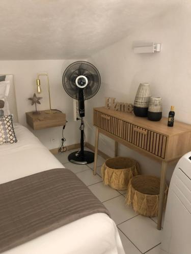 - une chambre avec un lit, un bureau et un ventilateur dans l'établissement Maison d'hôtes Antoinette, à Cogolin