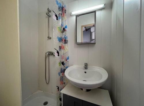 une salle de bain blanche avec un lavabo et une douche dans l'établissement Appartement 2 pièces - Gruissan GN320-037, à Gruissan