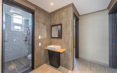 扶安Soleiview Spa Pension and Resort的带水槽和马桶的浴室