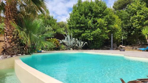 une piscine avec de l'eau bleue dans une cour dans l'établissement Villa de standing avec piscine à débordement, jacuzzi et jardin à 5 min du centre de Nîmes, à Nîmes