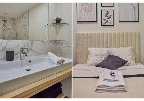 - deux photos d'une salle de bains avec un lit et un lavabo dans l'établissement Studio Center of Paris Montmartre by Studio prestige, à Paris