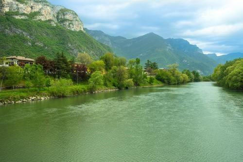 a river with green water and mountains in the background at Albergo Olivo in Belluno Veronese