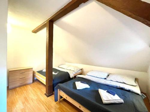 two twin beds in a room with a roof at Horská chata WALTEROVKA in Josefuv dul