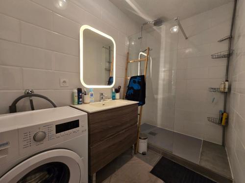 une salle de bain avec une machine à laver et un lavabo dans l'établissement Joli appartement T2 cabine avec parking et wifi Tennis Village, au Cap d'Agde