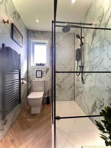 a bathroom with a shower and a toilet at Farr Bay Inn in Bettyhill