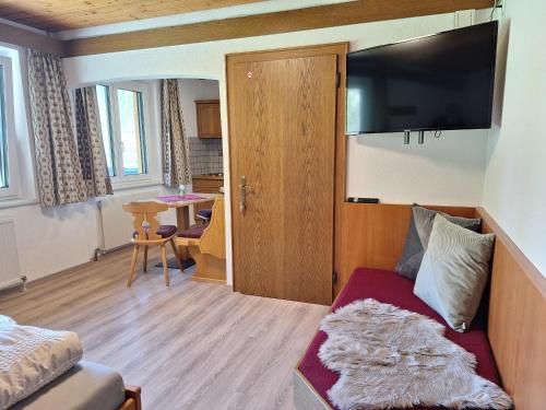 a living room with a couch and a flat screen tv at Haus Sprenger in Häselgehr